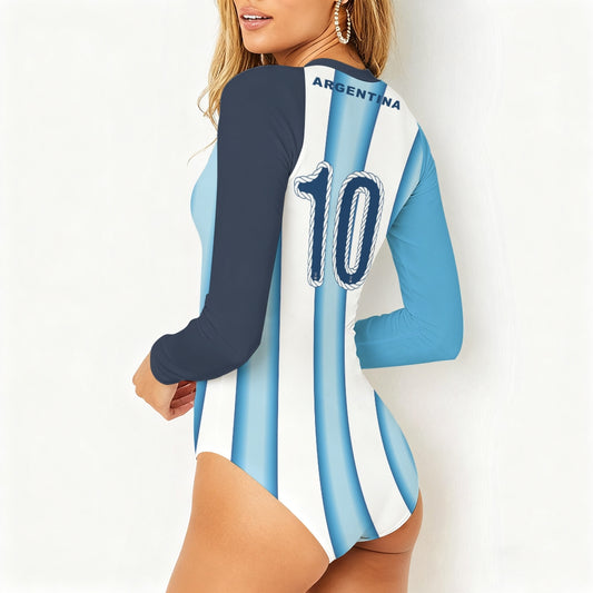 World Cup Tribute: AGENTINA bule & white Long Sleeve One-Piece Jersey Swimsuit
